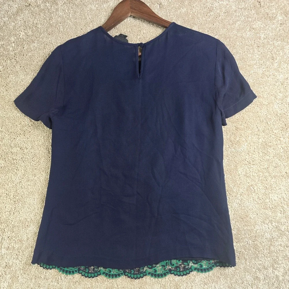 J. Crew Collection Navy Green Floral Lace Silk Sleeve Blouse Top 04232 Size 4